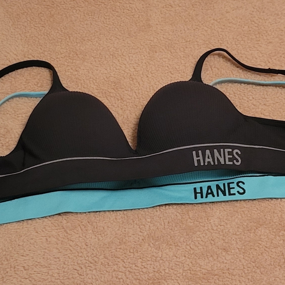 Hanes Set of 2 Turquoise & Black Adjust Seamless Rib Padded Wireless Bras. Sz: M - Picture 6 of 8